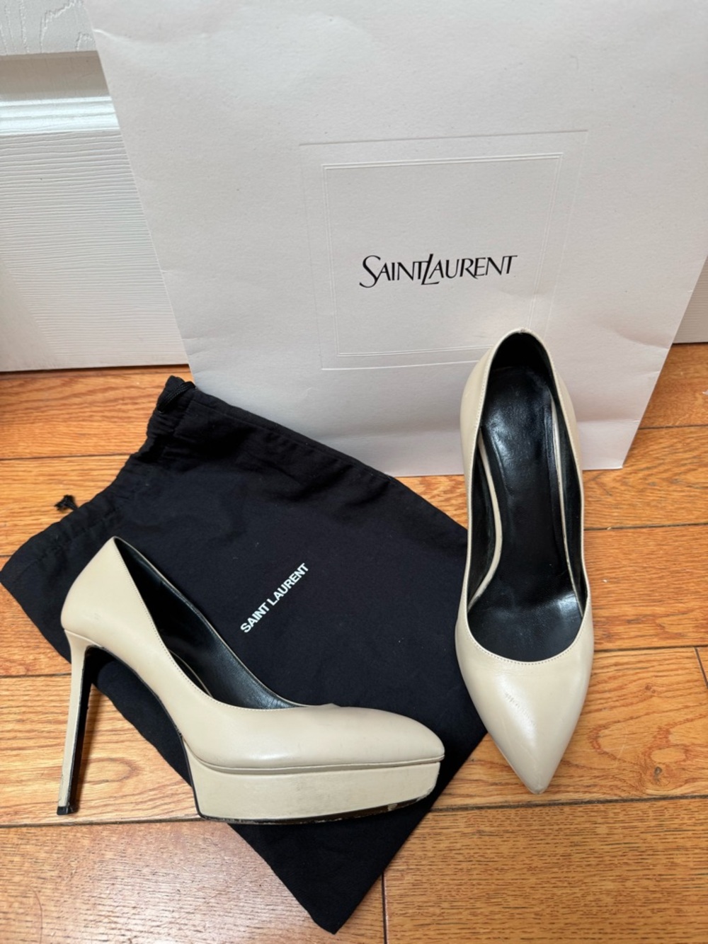 Saint Laurent Beige Pointed-Toe Leather Platform Pumps